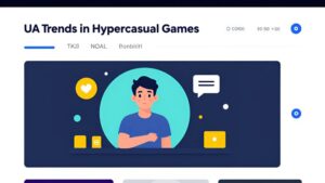 Современная иллюстрация с элементами мобильных игр и графиками роста для статьи о трендах UA.